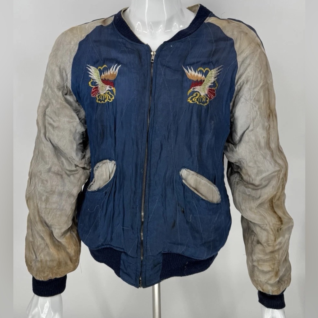 Vintage 50s Okinawa Jacket Satin Japan Korea Eagle Mens M Stained Ripped